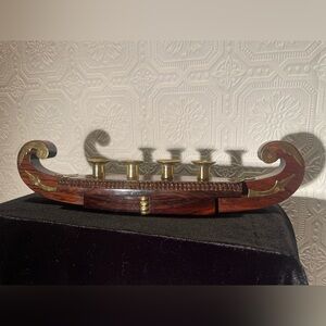 Vintage Kerala Wood & Brass Viking Candelabra Motif  Gondola 4 candle holders.
